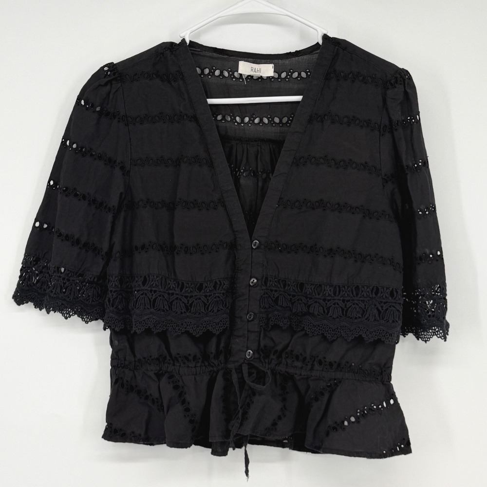RAHI Anthropologie Black Eyelet Lace Peplum Blouse Medium V-Neck Short Sleeve
